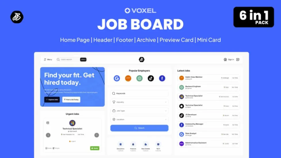 Voxel - Job Board 6 in 1 Pack - Includes: Home Page | Header | Footer | Archive | Preview Card | Mini Card